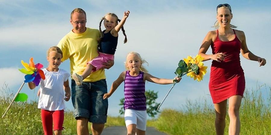 Семья играет в футбол дома на лугу 